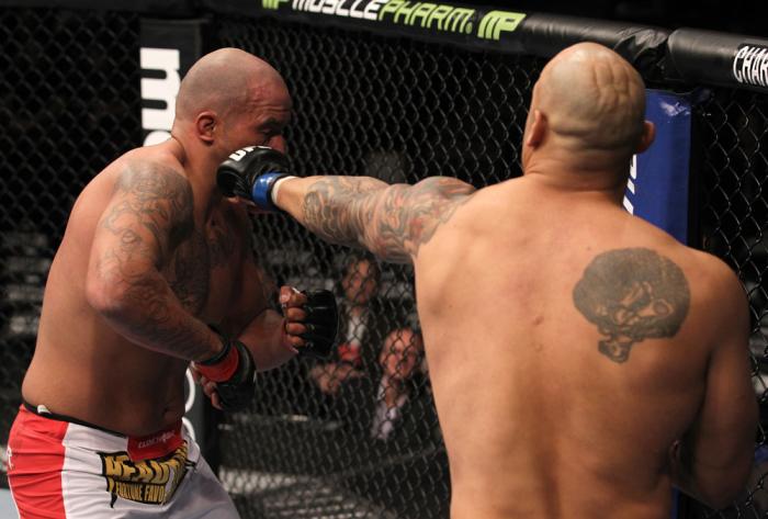 CHICAGO, IL - JANUARY 28: (R-L) Lavar Johnson punches Joey Beltran during the UFC on FOX event at United Center on January 28, 2012 in Chicago, Illinois. (Photo by Nick Laham/Zuffa LLC/Zuffa LLC via Getty Images) *** Local Caption *** Lavar Johnson; Joe