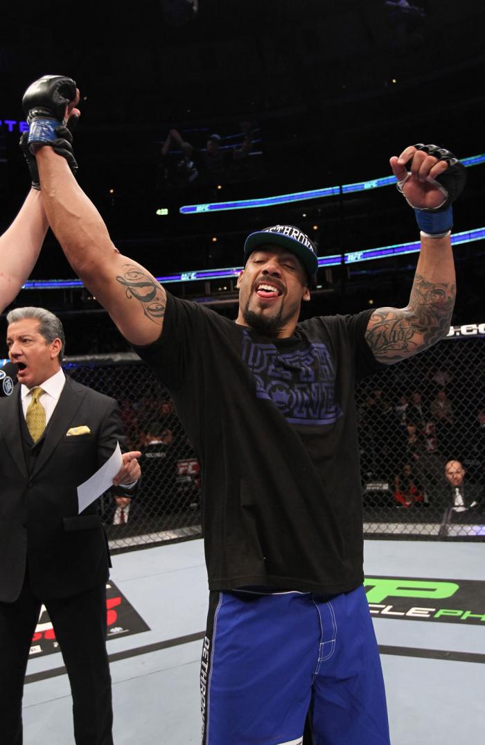 CHICAGO, IL - JANUARY 28: Lavar Johnson reacts after knocking out Joey Beltran during the UFC on FOX event at United Center on January 28, 2012 in Chicago, Illinois. (Photo by Nick Laham/Zuffa LLC/Zuffa LLC via Getty Images) *** Local Caption *** Lavar