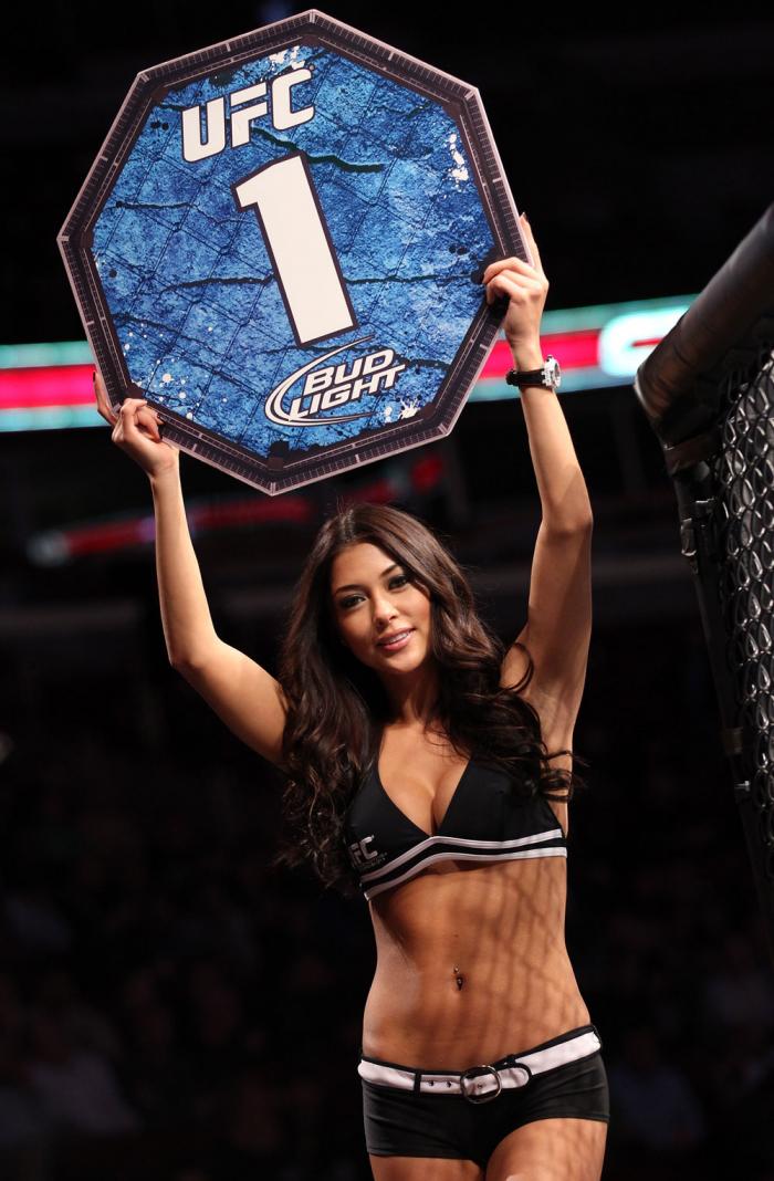 CHICAGO, IL - JANUARY 28: UFC Octagon Girl Arianny Celeste introduces round 1 before the Camozzi vs Jacoby bout during the UFC on FOX event at United Center on January 28, 2012 in Chicago, Illinois. (Photo by Nick Laham/Zuffa LLC/Zuffa LLC via Getty Ima