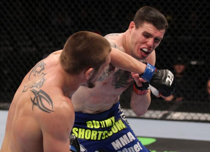 CHICAGO, IL - JANUARY 28: (L-R) Dustin Jacoby and Chris Camozzi trade punches during the UFC on FOX event at United Center on January 28, 2012 in Chicago, Illinois. (Photo by Nick Laham/Zuffa LLC/Zuffa LLC via Getty Images) *** Local Caption *** Chris C