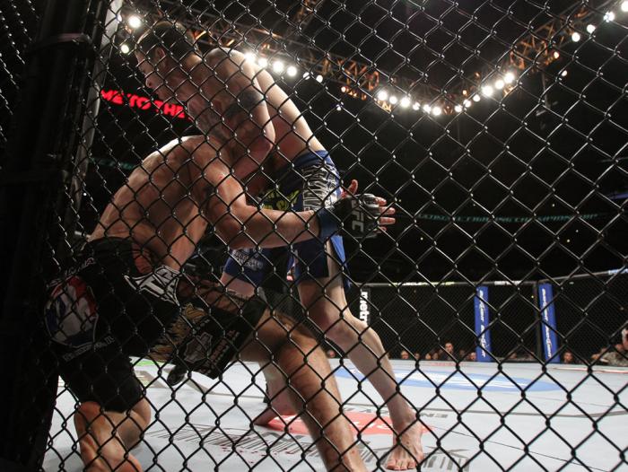 CHICAGO, IL - JANUARY 28: (R-L) Chris Camozzi defeats Dustin Jacoby with a guillotine choke submission during the UFC on FOX event at United Center on January 28, 2012 in Chicago, Illinois. (Photo by Josh Hedges/Zuffa LLC/Zuffa LLC via Getty Images) ***
