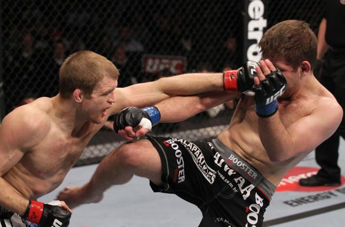 CHICAGO, IL - JANUARY 28: (L-R) Evan Dunham punches Nik Lentz during the UFC on FOX event at United Center on January 28, 2012 in Chicago, Illinois. (Photo by Nick Laham/Zuffa LLC/Zuffa LLC via Getty Images) *** Local Caption *** Nik Lentz; Evan Dunham