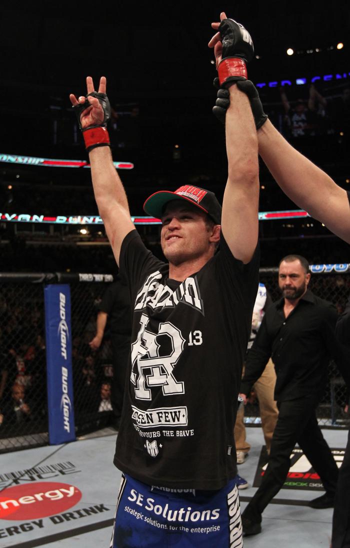 CHICAGO, IL - JANUARY 28: Evan Dunham reacts after his TKO victory over Nik Lentz during the UFC on FOX event at United Center on January 28, 2012 in Chicago, Illinois. (Photo by Nick Laham/Zuffa LLC/Zuffa LLC via Getty Images) *** Local Caption *** Eva