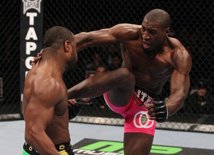 CHICAGO, IL - JANUARY 28: (R-L) Phil Davis kicks Rashad Evans during the UFC on FOX event at United Center on January 28, 2012 in Chicago, Illinois. (Photo by Nick Laham/Zuffa LLC/Zuffa LLC via Getty Images) *** Local Caption *** Rashad Evans; Phil Davi