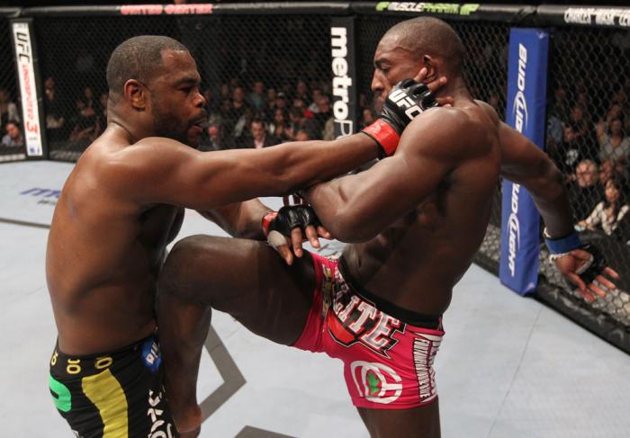 CHICAGO, IL - JANUARY 28: (R-L) Phil Davis devlivers a knee strike against Rashad Evans during the UFC on FOX event at United Center on January 28, 2012 in Chicago, Illinois. (Photo by Nick Laham/Zuffa LLC/Zuffa LLC via Getty Images) *** Local Caption *