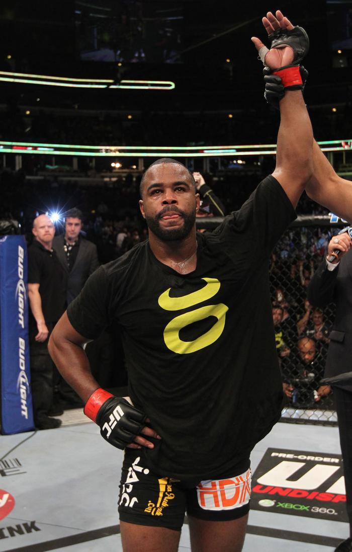 CHICAGO, IL - JANUARY 28: Rashad Evans reacts after his victory over Phil Davis during the UFC on FOX event at United Center on January 28, 2012 in Chicago, Illinois. (Photo by Nick Laham/Zuffa LLC/Zuffa LLC via Getty Images) *** Local Caption *** Rasha