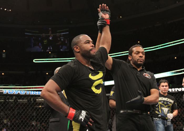 CHICAGO, IL - JANUARY 28: Rashad Evans reacts after his victory over Phil Davis during the UFC on FOX event at United Center on January 28, 2012 in Chicago, Illinois. (Photo by Josh Hedges/Zuffa LLC/Zuffa LLC via Getty Images) *** Local Caption *** Rash
