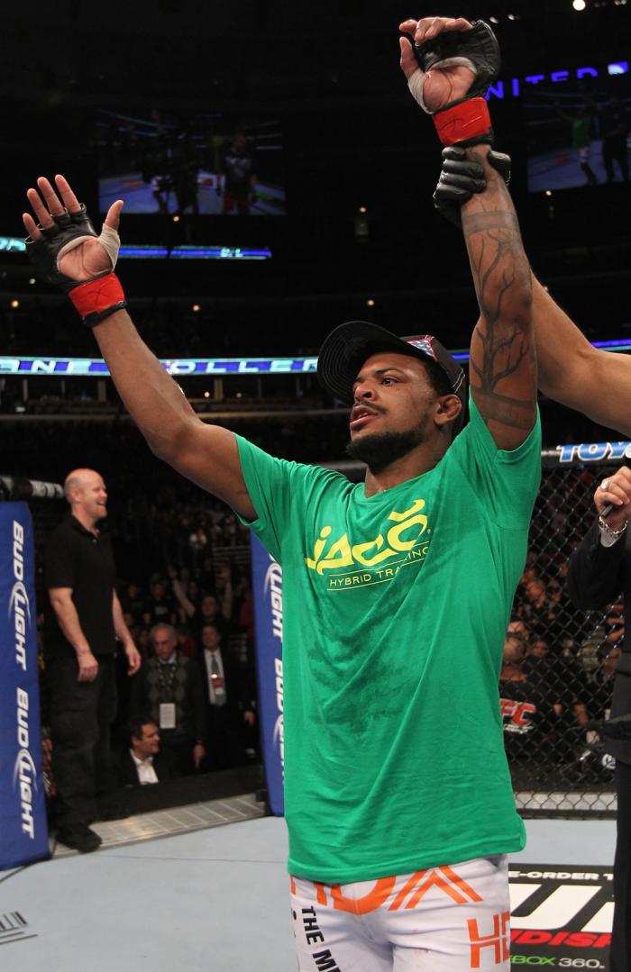 CHICAGO, IL - JANUARY 28: Michael Johnson reacts after his victory over Shane Roller during the UFC on FOX event at United Center on January 28, 2012 in Chicago, Illinois. (Photo by Nick Laham/Zuffa LLC/Zuffa LLC via Getty Images) *** Local Caption ***