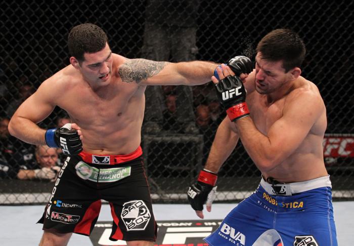 CHICAGO, IL - JANUARY 28: (L-R) Chris Weidman punches Demian Maia during the UFC on FOX event at United Center on January 28, 2012 in Chicago, Illinois. (Photo by Nick Laham/Zuffa LLC/Zuffa LLC via Getty Images) *** Local Caption *** Chris Weidman; Demi