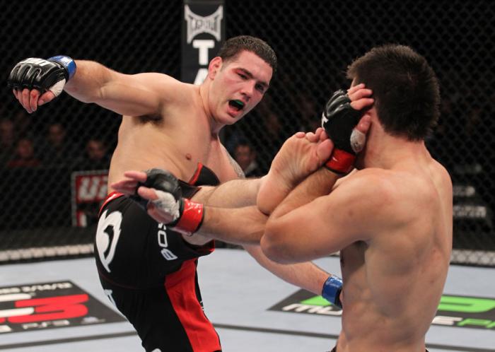 CHICAGO, IL - JANUARY 28: (L-R) Chris Weidman kicks Demian Maia during the UFC on FOX event at United Center on January 28, 2012 in Chicago, Illinois. (Photo by Nick Laham/Zuffa LLC/Zuffa LLC via Getty Images) *** Local Caption *** Chris Weidman; Demian