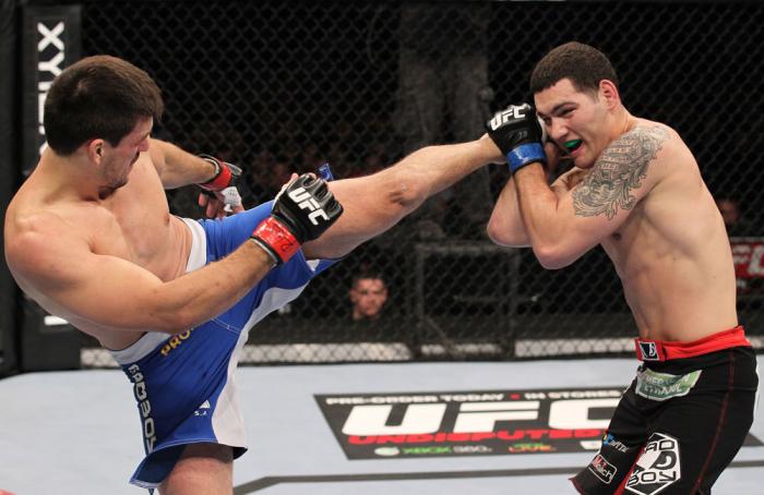 CHICAGO, IL - JANUARY 28: (L-R) Demian Maia kicks Chris Weidman during the UFC on FOX event at United Center on January 28, 2012 in Chicago, Illinois. (Photo by Nick Laham/Zuffa LLC/Zuffa LLC via Getty Images) *** Local Caption *** Chris Weidman; Demian
