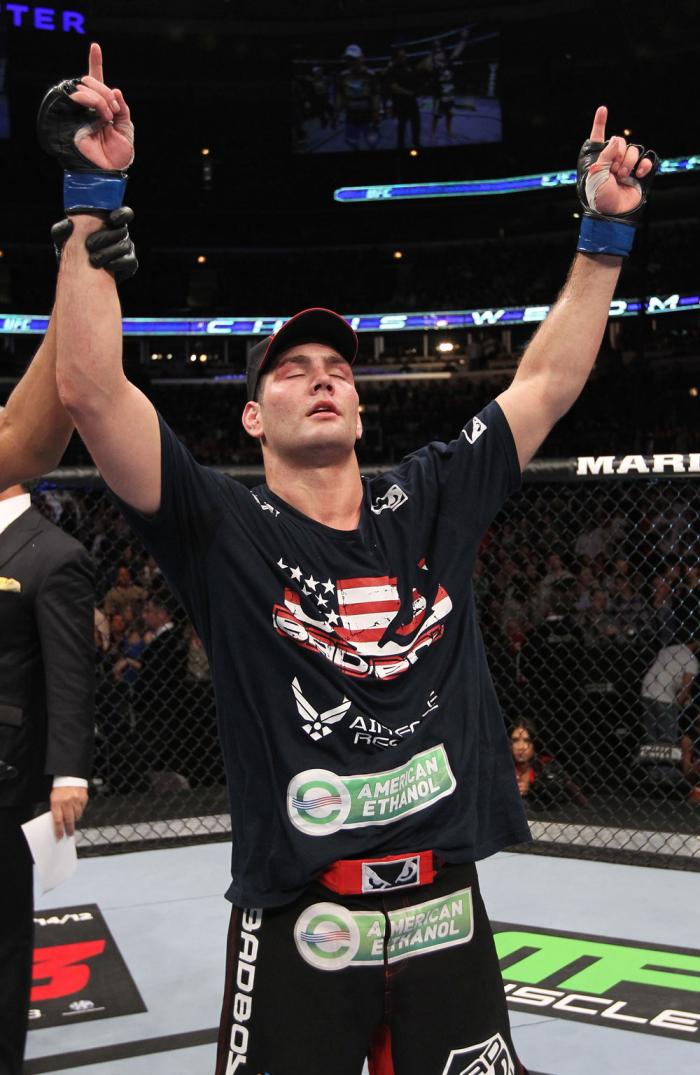 CHICAGO, IL - JANUARY 28: Chris Weidman reacts after defeating Demian Maia during the UFC on FOX event at United Center on January 28, 2012 in Chicago, Illinois. (Photo by Nick Laham/Zuffa LLC/Zuffa LLC via Getty Images) *** Local Caption *** Chris Weid