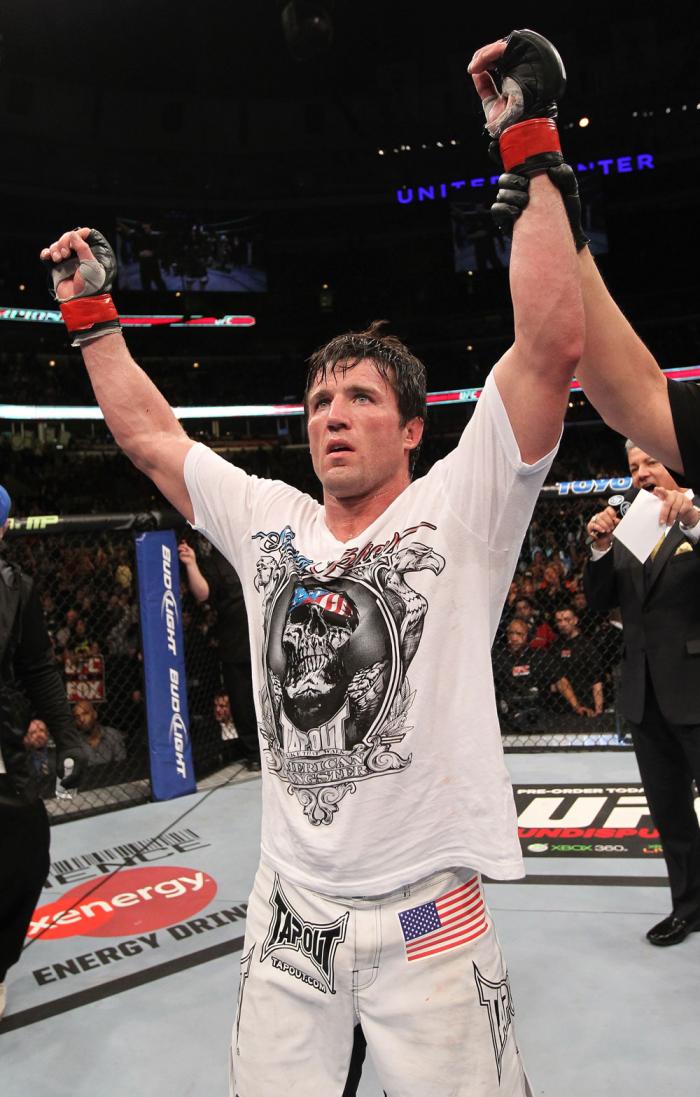 CHICAGO, IL - JANUARY 28: Chael Sonnen reacts after defeating Michael Bisping during the UFC on FOX event at United Center on January 28, 2012 in Chicago, Illinois. (Photo by Nick Laham/Zuffa LLC/Zuffa LLC via Getty Images) *** Local Caption *** Chael S