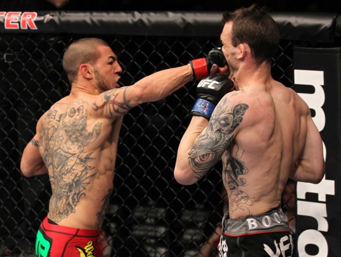 CHICAGO, IL - JANUARY 28: (L-R) Cub Swanson punches George Roop during the UFC on FOX event at United Center on January 28, 2012 in Chicago, Illinois. (Photo by Nick Laham/Zuffa LLC/Zuffa LLC via Getty Images) *** Local Caption *** George Roop; Cub Swan