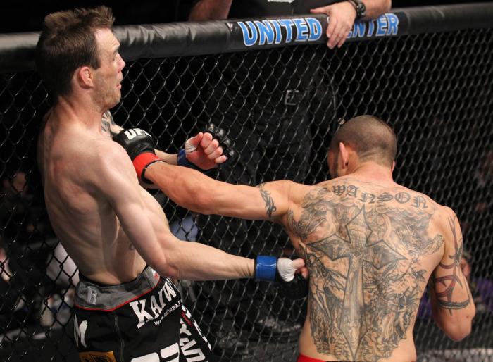 CHICAGO, IL - JANUARY 28: (L-R) George Roop and Cub Swanson trade punches during the UFC on FOX event at United Center on January 28, 2012 in Chicago, Illinois. (Photo by Nick Laham/Zuffa LLC/Zuffa LLC via Getty Images) *** Local Caption *** Cub Swanson