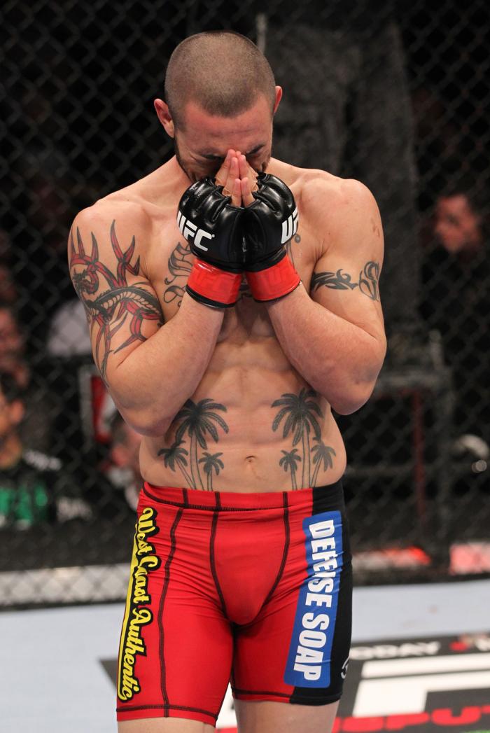 CHICAGO, IL - JANUARY 28: Cub Swanson reacts after his knockout victory over George Roop during the UFC on FOX event at United Center on January 28, 2012 in Chicago, Illinois. (Photo by Nick Laham/Zuffa LLC/Zuffa LLC via Getty Images) *** Local Caption
