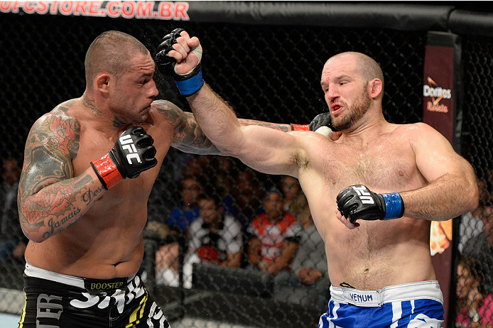 BARUERI, BRAZIL - OCTOBER 9: (R-L) Matt Hamill punches Thiago Silva in their light heavyweight bout during the UFC Fight Night event at the Ginasio Jose Correa on October 9, 2013 in Barueri, Sao Paulo, Brazil. (Photo by Jeff Bottari/Zuffa LLC/Zuffa LLC v