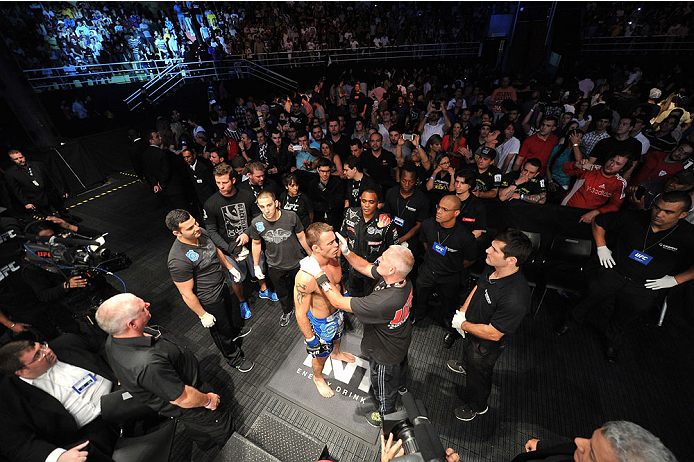 BARUERI, BRAZIL - OCTOBER 9: Jake Shields prepares to enter the Octagon prior to his fight against Demian Maia (not pictured) in their welterweight bout during the UFC Fight Night event at the Ginasio Jose Correa on October 9, 2013 in Barueri, Sao Paulo,