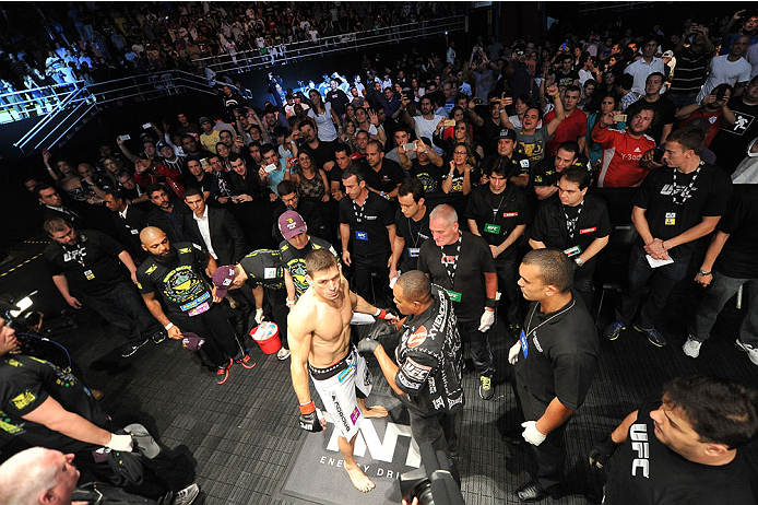 BARUERI, BRAZIL - OCTOBER 9: Demian Maia prepares to enter the Octagon before his fight against Jake Shields (not pictured) in their welterweight bout during the UFC Fight Night event at the Ginasio Jose Correa on October 9, 2013 in Barueri, Sao Paulo, B