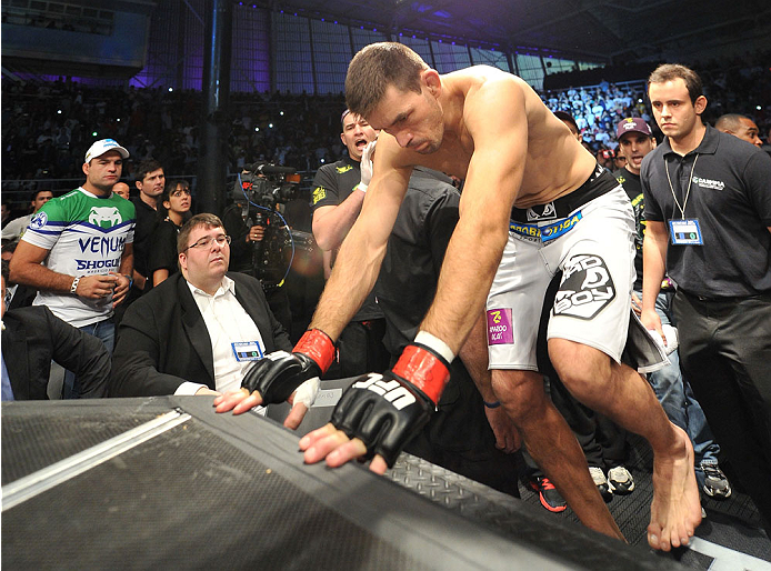 BARUERI, BRAZIL - OCTOBER 9: Demian Maia prepares to enter the Octagon before his fight against Jake Shields (not pictured) in their welterweight bout during the UFC Fight Night event at the Ginasio Jose Correa on October 9, 2013 in Barueri, Sao Paulo, B