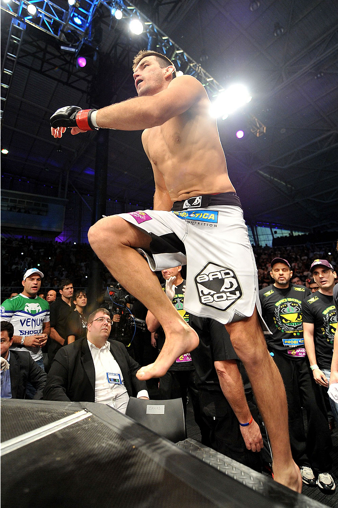 BARUERI, BRAZIL - OCTOBER 9: Demian Maia prepares to enter the Octagon before his fight against Jake Shields (not pictured) in their welterweight bout during the UFC Fight Night event at the Ginasio Jose Correa on October 9, 2013 in Barueri, Sao Paulo, B