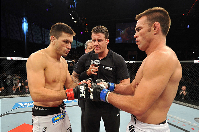 BARUERI, BRAZIL - OCTOBER 9: (L-R) Demian Maia and Jake Shields touch glove before their welterweight bout during the UFC Fight Night event at the Ginasio Jose Correa on October 9, 2013 in Barueri, Sao Paulo, Brazil. (Photo by Jeff Bottari/Zuffa LLC/Zuff