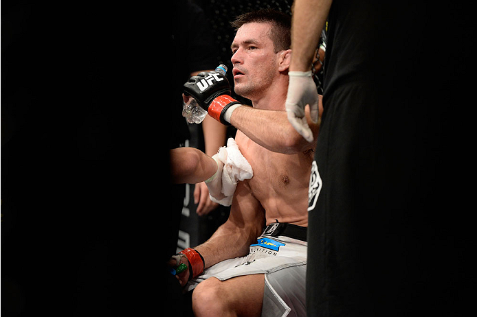 BARUERI, BRAZIL - OCTOBER 9: Demian Maia sits in his corner between rounds during his fight against Jake Shields (not pictured) in their welterweight bout during the UFC Fight Night event at the Ginasio Jose Correa on October 9, 2013 in Barueri, Sao Paul
