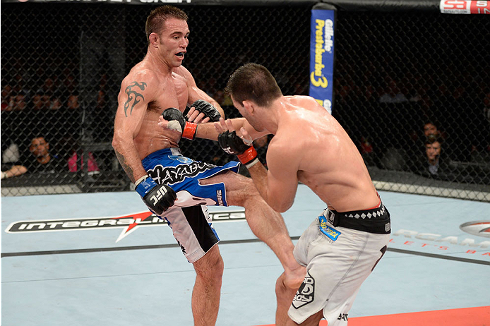 BARUERI, BRAZIL - OCTOBER 9: (L-R) Jake Shields kicks Demian Maia in their welterweight bout during the UFC Fight Night event at the Ginasio Jose Correa on October 9, 2013 in Barueri, Sao Paulo, Brazil. (Photo by Jeff Bottari/Zuffa LLC/Zuffa LLC via Gett