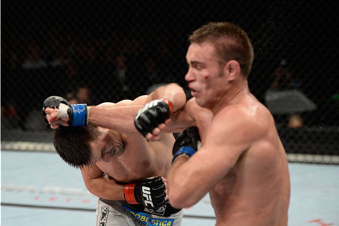 BARUERI, BRAZIL - OCTOBER 9: (L-R) Demian Maia punches Jake Shields in their welterweight bout during the UFC Fight Night event at the Ginasio Jose Correa on October 9, 2013 in Barueri, Sao Paulo, Brazil. (Photo by Jeff Bottari/Zuffa LLC/Zuffa LLC via Ge