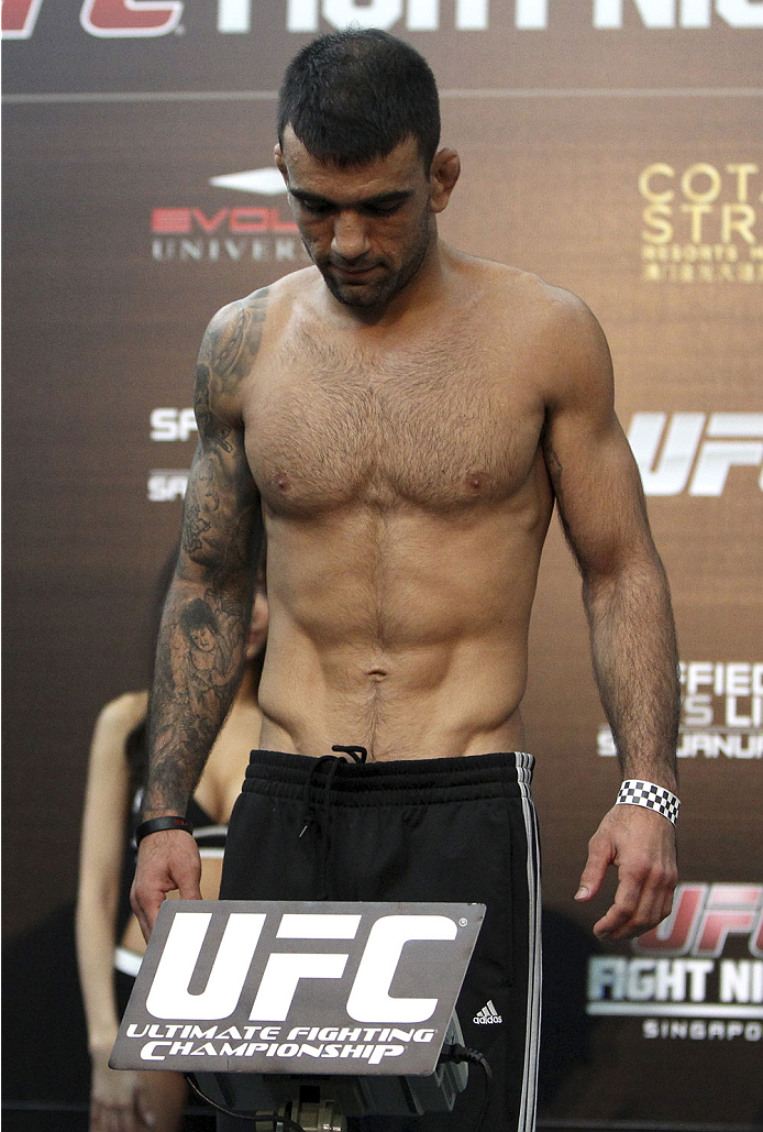 SINGAPORE - JANUARY 03: Leandro Issa during the UFC Fight Night Singapore Weigh-in at the Shoppes at Marina Bay Sands on January 3, 2014 in Singapore. (Photo by Mitch Viquez/Zuffa LLC/Zuffa LLC via Getty Images)