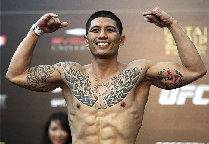 SINGAPORE - JANUARY 03: Jon Delos Reyes during the UFC Fight Night Singapore Weigh-in at the Shoppes at Marina Bay Sands on January 3, 2014 in Singapore. (Photo by Mitch Viquez/Zuffa LLC/Zuffa LLC via Getty Images)
