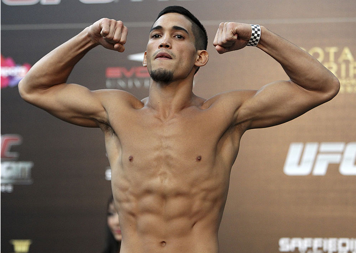 SINGAPORE - JANUARY 03: Dustin Kimura during the UFC Fight Night Singapore Weigh-in at the Shoppes at Marina Bay Sands on January 3, 2014 in Singapore. (Photo by Mitch Viquez/Zuffa LLC/Zuffa LLC via Getty Images)