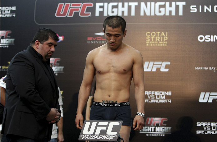 SINGAPORE - JANUARY 03: Bang Tae Hyun during the UFC Fight Night Singapore Weigh-in at the Shoppes at Marina Bay Sands on January 3, 2014 in Singapore. (Photo by Mitch Viquez/Zuffa LLC/Zuffa LLC via Getty Images)