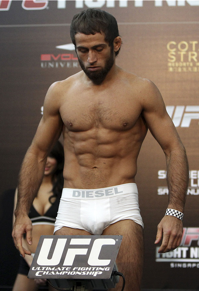 SINGAPORE - JANUARY 03: Mairbek Taisumov during the UFC Fight Night Singapore Weigh-in at the Shoppes at Marina Bay Sands on January 3, 2014 in Singapore. (Photo by Mitch Viquez/Zuffa LLC/Zuffa LLC via Getty Images)