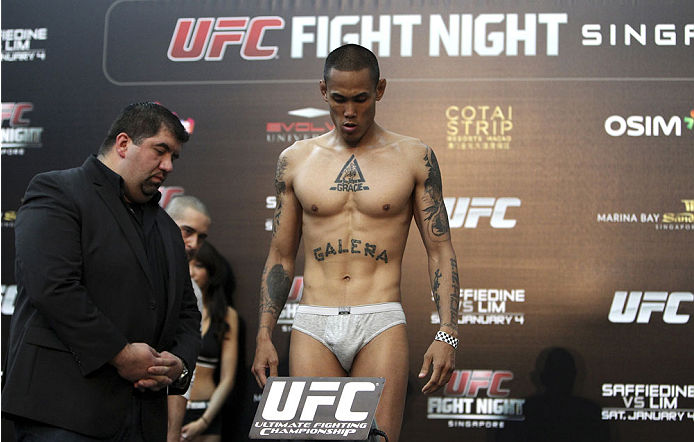 SINGAPORE - JANUARY 03: David Galera during the UFC Fight Night Singapore Weigh-in at the Shoppes at Marina Bay Sands on January 3, 2014 in Singapore. (Photo by Mitch Viquez/Zuffa LLC/Zuffa LLC via Getty Images)