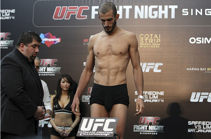 SINGAPORE - JANUARY 03: Quinn Mulhern during the UFC Fight Night Singapore Weigh-in at the Shoppes at Marina Bay Sands on January 3, 2014 in Singapore. (Photo by Mitch Viquez/Zuffa LLC/Zuffa LLC via Getty Images)