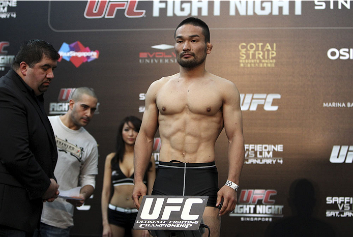 SINGAPORE - JANUARY 03: Katsunori Kikuno during the UFC Fight Night Singapore Weigh-in at the Shoppes at Marina Bay Sands on January 3, 2014 in Singapore. (Photo by Mitch Viquez/Zuffa LLC/Zuffa LLC via Getty Images)