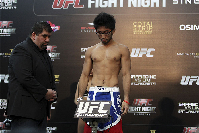 SINGAPORE - JANUARY 03: Shunichi Shimizu during the UFC Fight Night Singapore Weigh-in at the Shoppes at Marina Bay Sands on January 3, 2014 in Singapore. (Photo by Mitch Viquez/Zuffa LLC/Zuffa LLC via Getty Images)