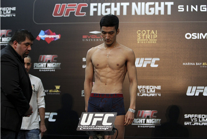 SINGAPORE - JANUARY 03: Kang Kyung Ho during the UFC Fight Night Singapore Weigh-in at the Shoppes at Marina Bay Sands on January 3, 2014 in Singapore. (Photo by Mitch Viquez/Zuffa LLC/Zuffa LLC via Getty Images)