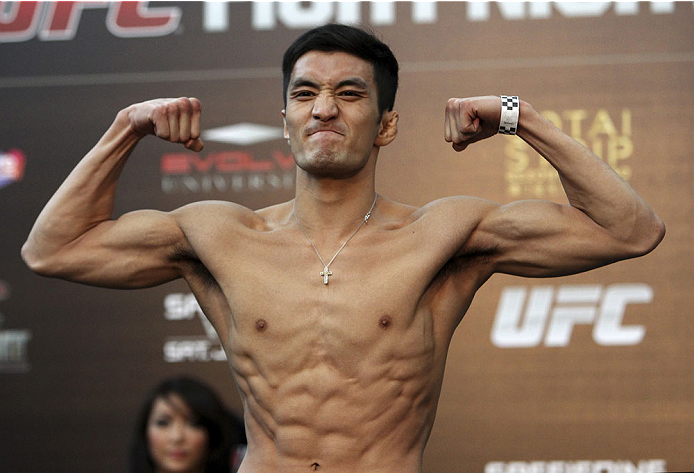 SINGAPORE - JANUARY 03: Kang Kyung Ho during the UFC Fight Night Singapore Weigh-in at the Shoppes at Marina Bay Sands on January 3, 2014 in Singapore. (Photo by Mitch Viquez/Zuffa LLC/Zuffa LLC via Getty Images)