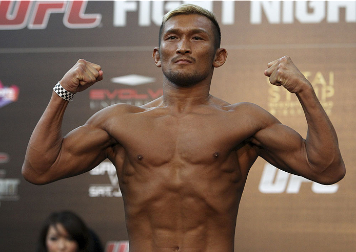 SINGAPORE - JANUARY 03: Kiichi Kunimoto during the UFC Fight Night Singapore Weigh-in at the Shoppes at Marina Bay Sands on January 3, 2014 in Singapore. (Photo by Mitch Viquez/Zuffa LLC/Zuffa LLC via Getty Images)