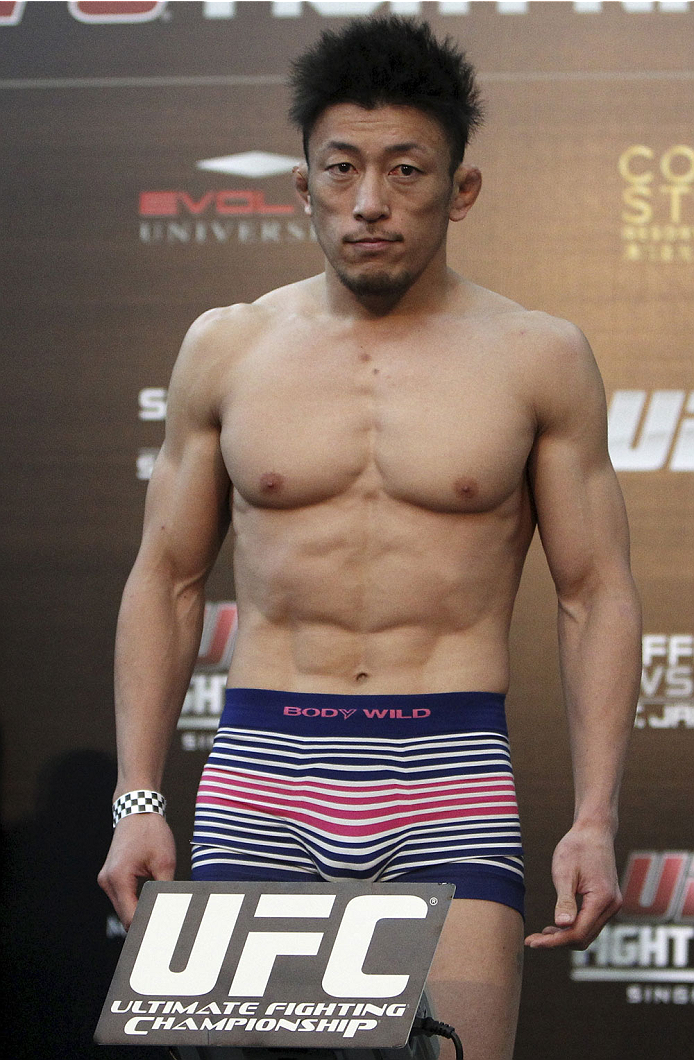 SINGAPORE - JANUARY 03: Tatsuya Kawajiri during the UFC Fight Night Singapore Weigh-in at the Shoppes at Marina Bay Sands on January 3, 2014 in Singapore. (Photo by Mitch Viquez/Zuffa LLC/Zuffa LLC via Getty Images)