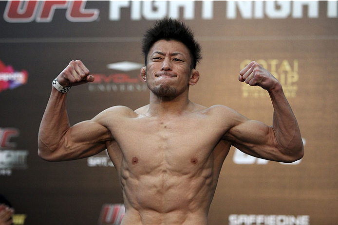 SINGAPORE - JANUARY 03: Tatsuya Kawajiri during the UFC Fight Night Singapore Weigh-in at the Shoppes at Marina Bay Sands on January 3, 2014 in Singapore. (Photo by Mitch Viquez/Zuffa LLC/Zuffa LLC via Getty Images)