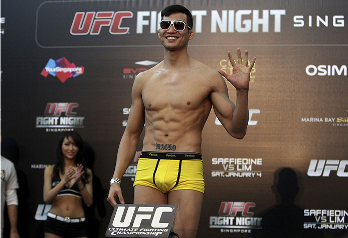 SINGAPORE - JANUARY 03: Lim Hyun Gyu during the UFC Fight Night Singapore Weigh-in at the Shoppes at Marina Bay Sands on January 3, 2014 in Singapore. (Photo by Mitch Viquez/Zuffa LLC/Zuffa LLC via Getty Images)