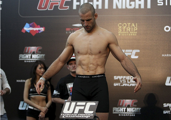 SINGAPORE - JANUARY 03: Tarec Saffiedine during the UFC Fight Night Singapore Weigh-in at the Shoppes at Marina Bay Sands on January 3, 2014 in Singapore. (Photo by Mitch Viquez/Zuffa LLC/Zuffa LLC via Getty Images)