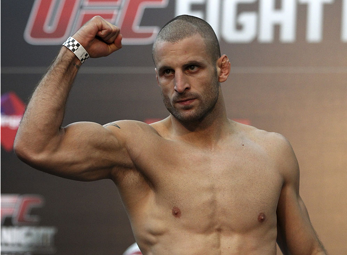 SINGAPORE - JANUARY 03: Tarec Saffiedine during the UFC Fight Night Singapore Weigh-in at the Shoppes at Marina Bay Sands on January 3, 2014 in Singapore. (Photo by Mitch Viquez/Zuffa LLC/Zuffa LLC via Getty Images)