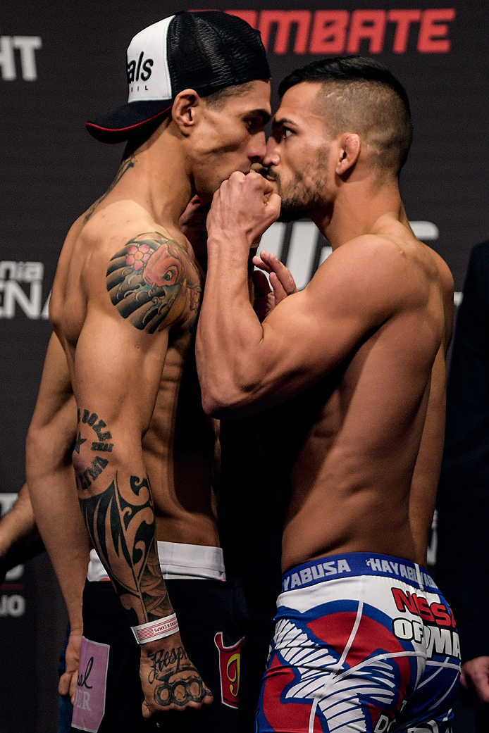 GOIANIA, BRAZIL - MAY 29: Featherweight fighters Lucas Martins (L) of Brazil and Mirsad Bektic of Bosnia face off during the UFC Fight Night Weigh-ins at Goiania Arena on May 29, 2015 in Goiania, Brazil. (Photo by Buda Mendes/Zuffa LLC/Zuffa LLC via Get