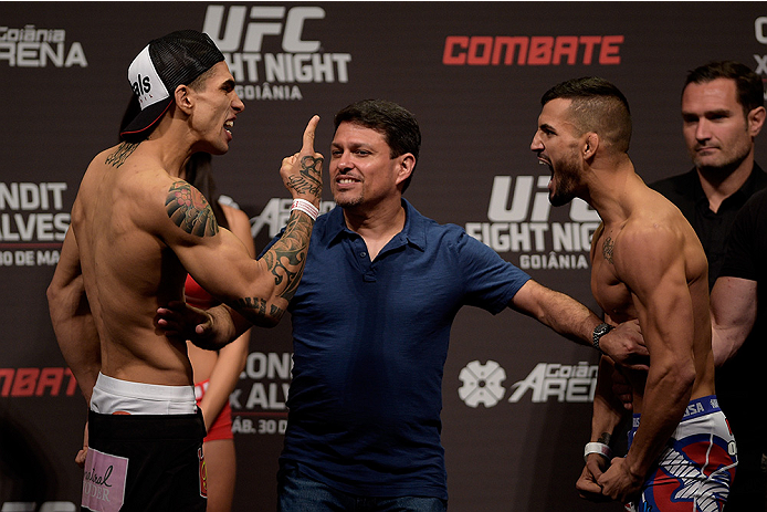GOIANIA, BRAZIL - MAY 29: Featherweight fighters Lucas Martins (L) of Brazil and Mirsad Bektic of Bosnia face off during the UFC Fight Night Weigh-ins at Goiania Arena on May 29, 2015 in Goiania, Brazil. (Photo by Buda Mendes/Zuffa LLC/Zuffa LLC via Get