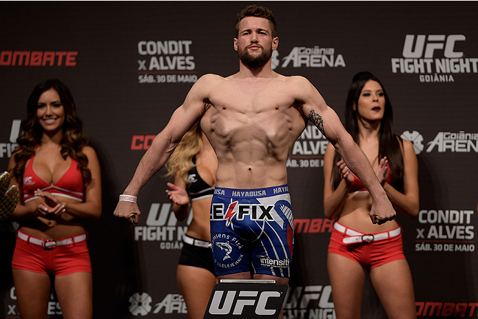 GOIANIA, BRAZIL - MAY 29: Welterweight fighter Nicolas Dalby of Demmark weighs in during the UFC Fight Night Weigh-ins at Goiania Arena on May 29, 2015 in Goiania, Brazil. (Photo by Buda Mendes/Zuffa LLC/Zuffa LLC via Getty Images)