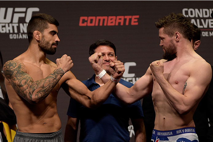 GOIANIA, BRAZIL - MAY 29: Welterweight fighters Elizeu Capoeira of Brazil and Nicolas Dalby of Demmark face off during the UFC Fight Night Weigh-ins at Goiania Arena on May 29, 2015 in Goiania, Brazil. (Photo by Buda Mendes/Zuffa LLC/Zuffa LLC via Getty I